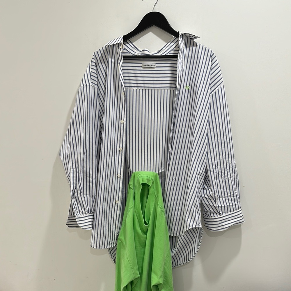 Balenciaga Black and White Striped Shirt with Green Detail